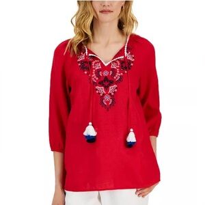 Charter Club Women's Linen Embroidered 3/4-Sleeve Top Sz XXL Red Coastal